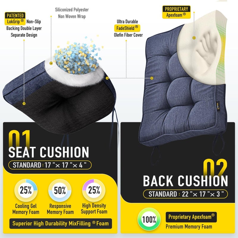 SUNROX Memory Foam Non Slip Rocking Chair Cushion, FadeShield Water Resistant Thicken Durable Tufted Pads, Set of Seat & Back Cushion with Ties for Indoor/Outdoor Rocker, 2 Piece, Heather Indigo - Image 2
